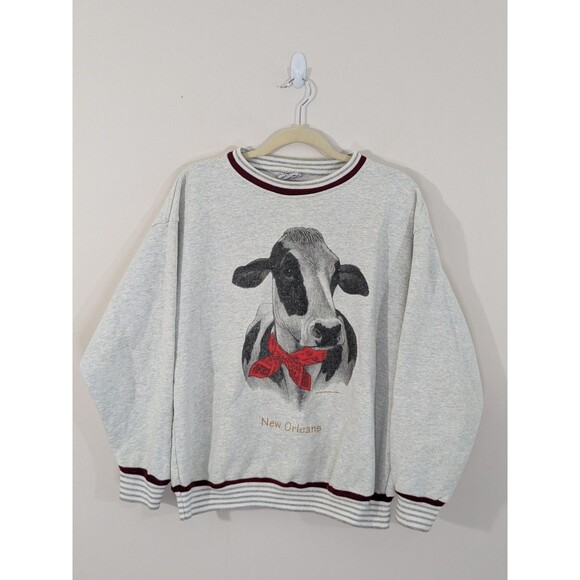 Vintage 1995 Causal Wear Gray Cow Red Tie Neck New Orleans Sweatshirt Country M - Picture 1 of 11